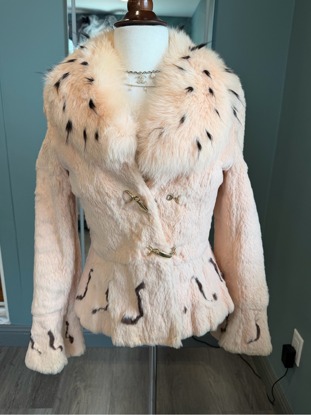 Vintage Pink Rabbit Fur Fox Fur Collar Fitted Jacket XS
